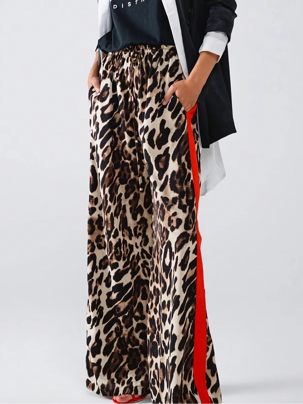Leopard Print Wide-Leg Pants with Red Side Stripe. NWT. - Picture 2 of 4